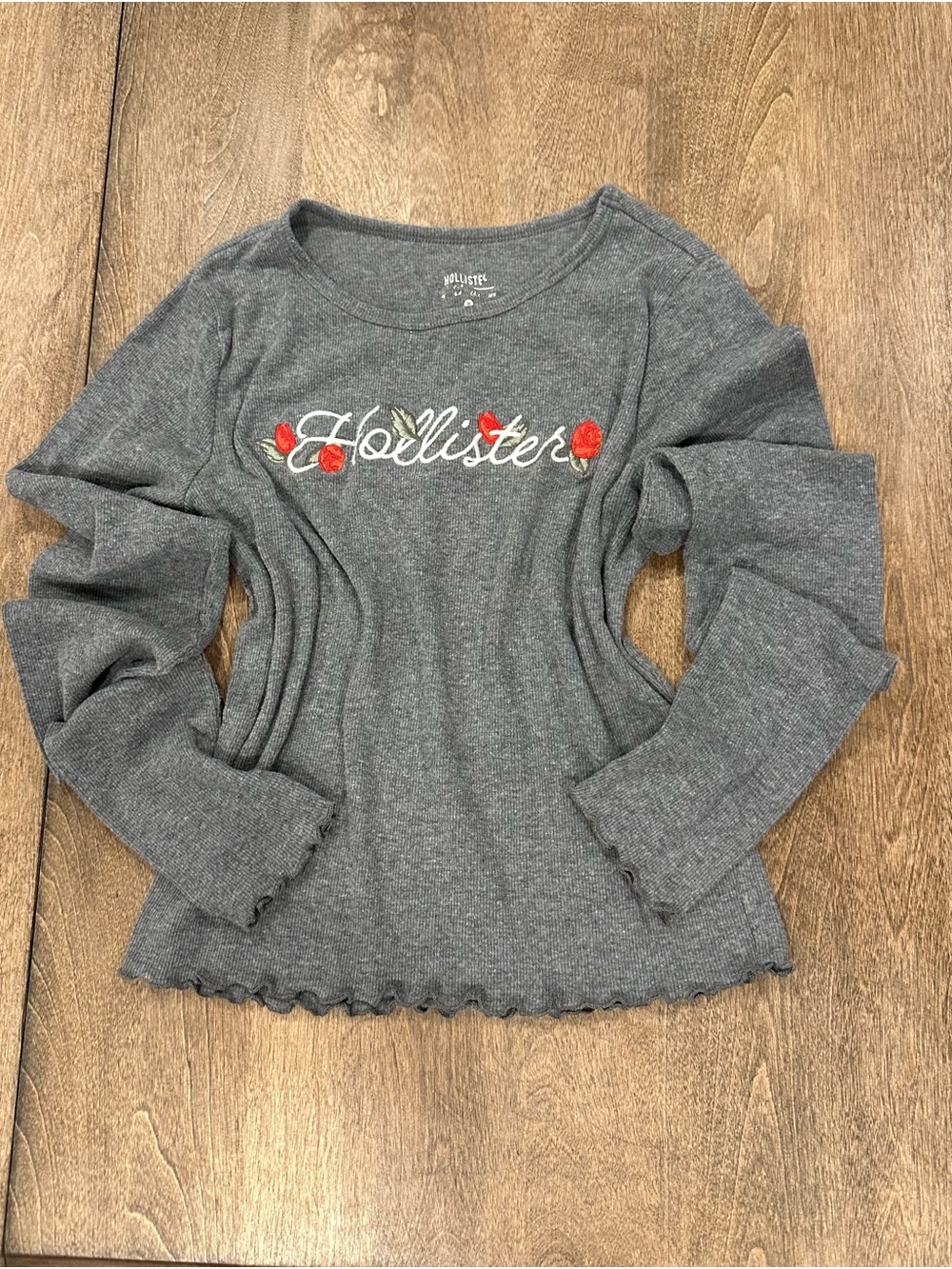 Hollister Gray Ribbed Long-Sleeve Top with Red Floral Embroidery
